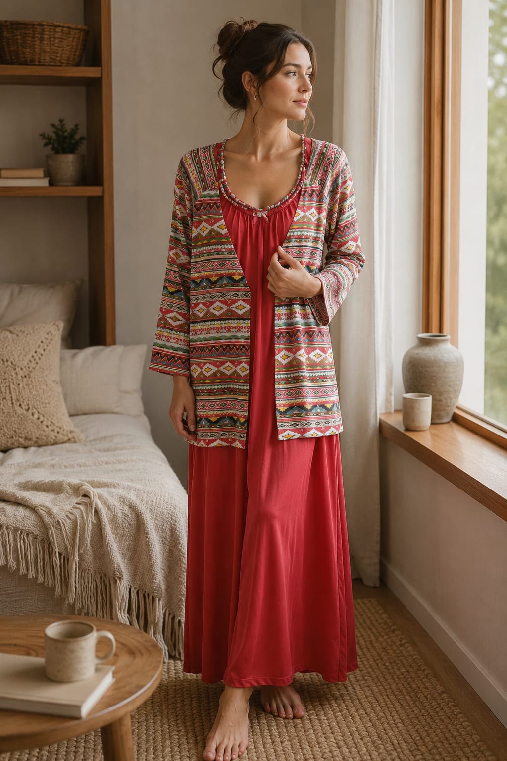 Long Cotton Nighty with Printed Shrug – Ethnic Elegance