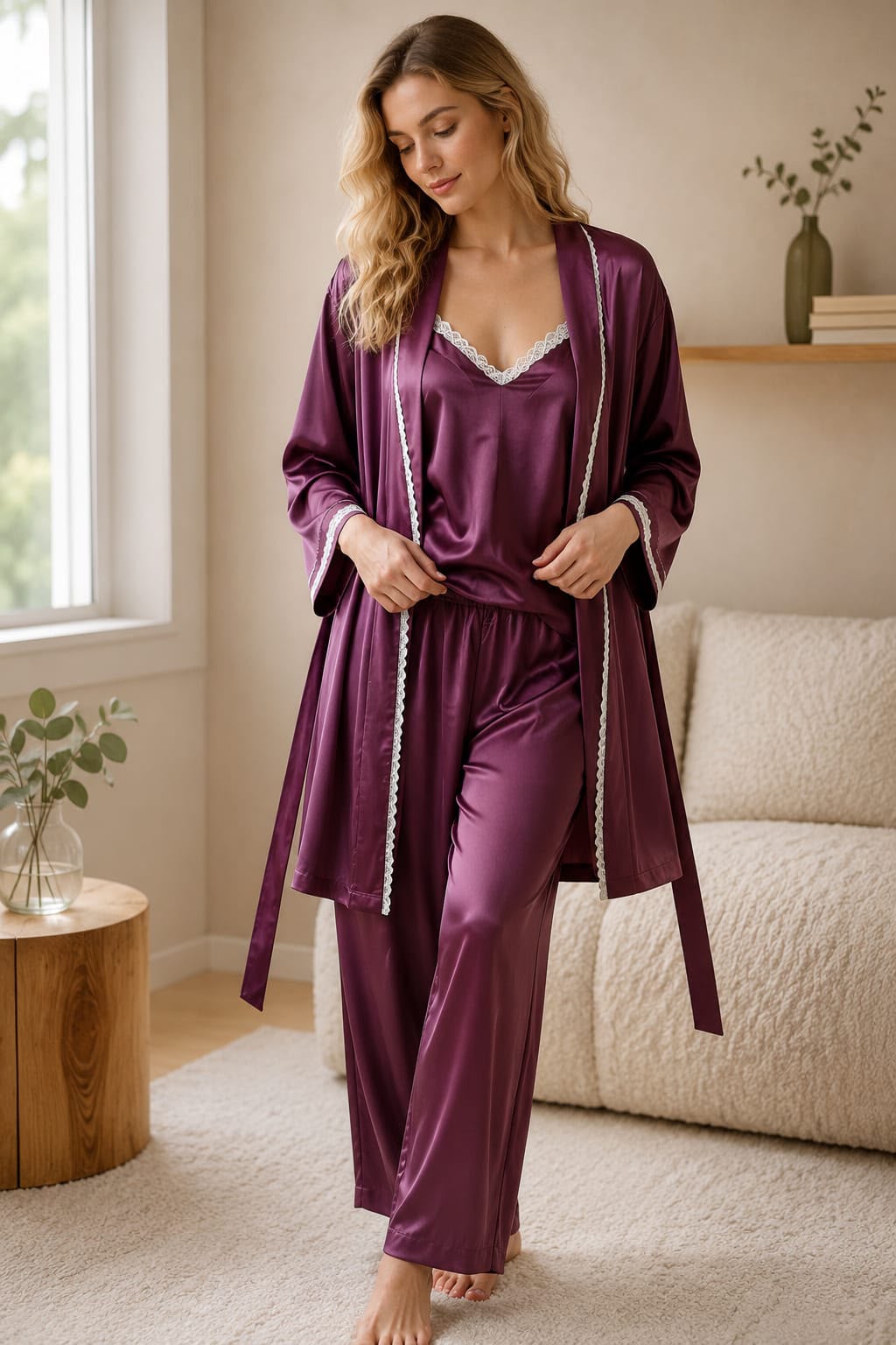 Wine Royale Satin 3-Piece Nightwear Set - Private Lives