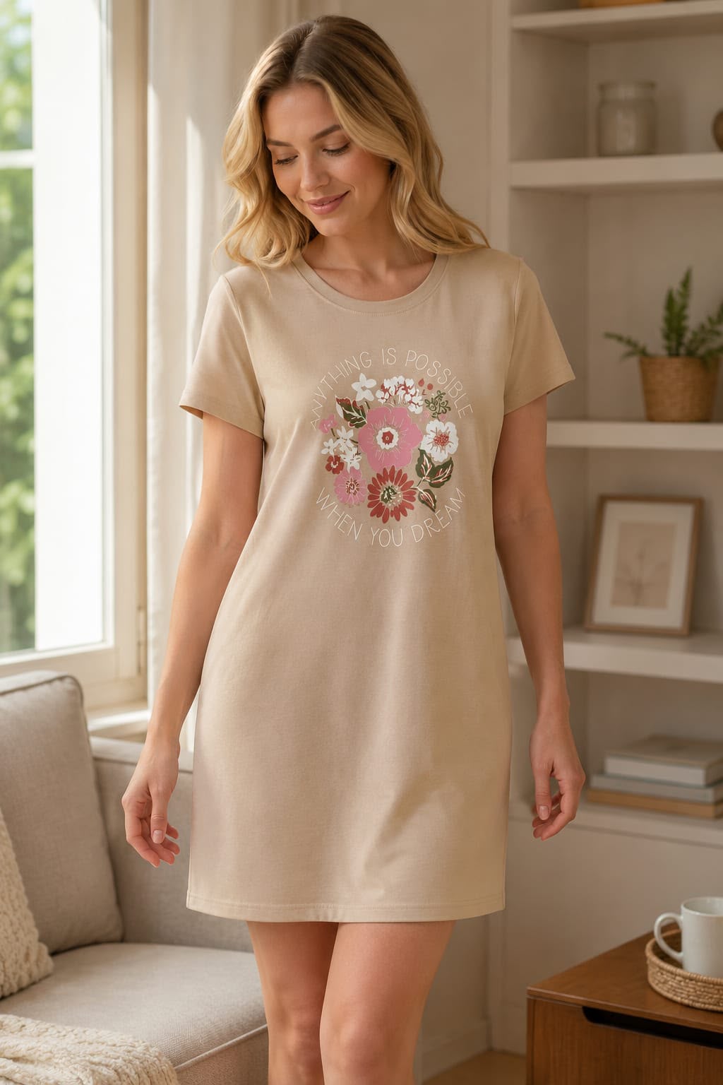 Beige Floral Graphic Print Short Nighty – Dream Collection