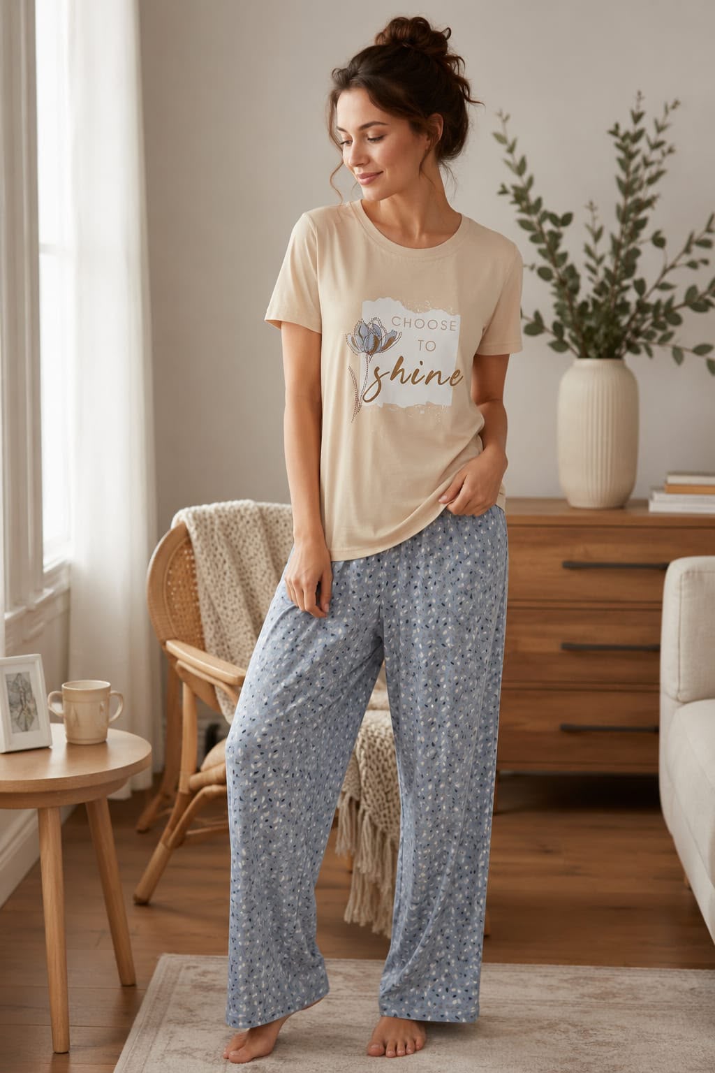 Beige Graphic T-Shirt & Blue Printed Pajama Night Suit Set
