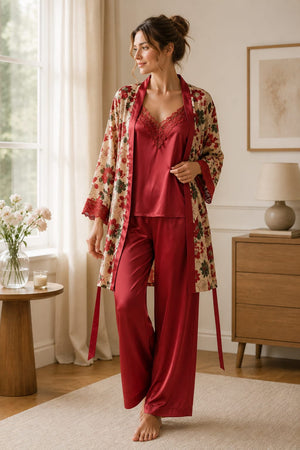 Ruby Blossom Satin 3-Piece Nightwear Set - Private Lives