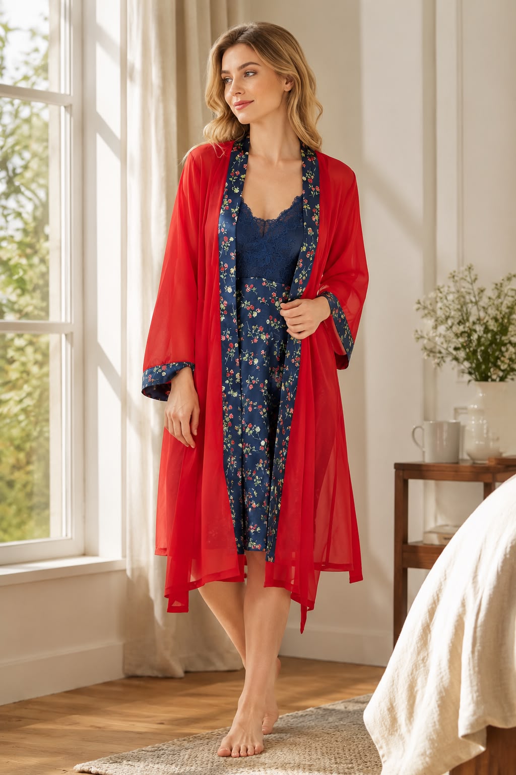 Floral Satin Nighty with Sheer Robe Set – Scarlet Elegance