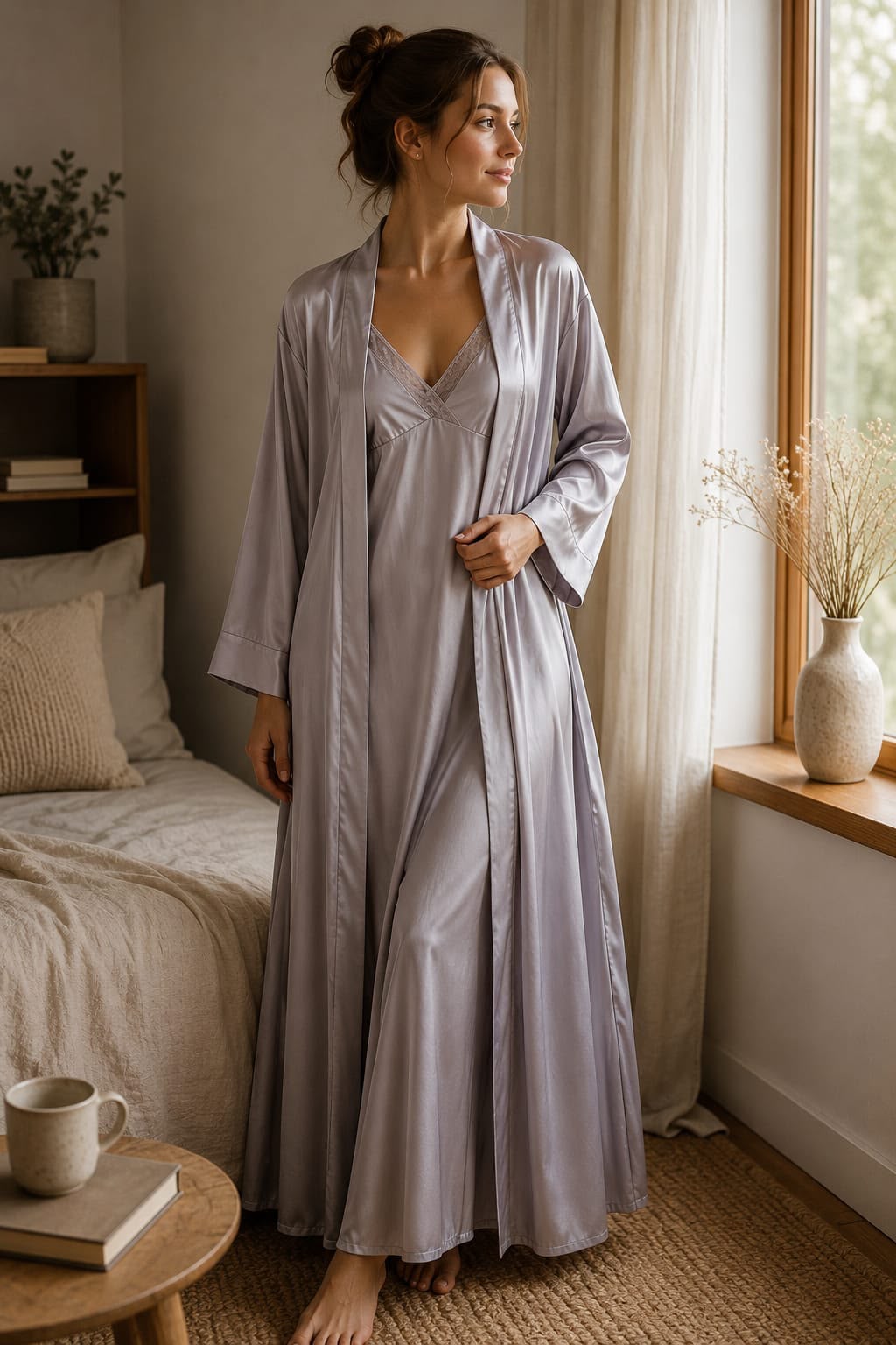 Satin Lace Nightgown with Long Robe Set