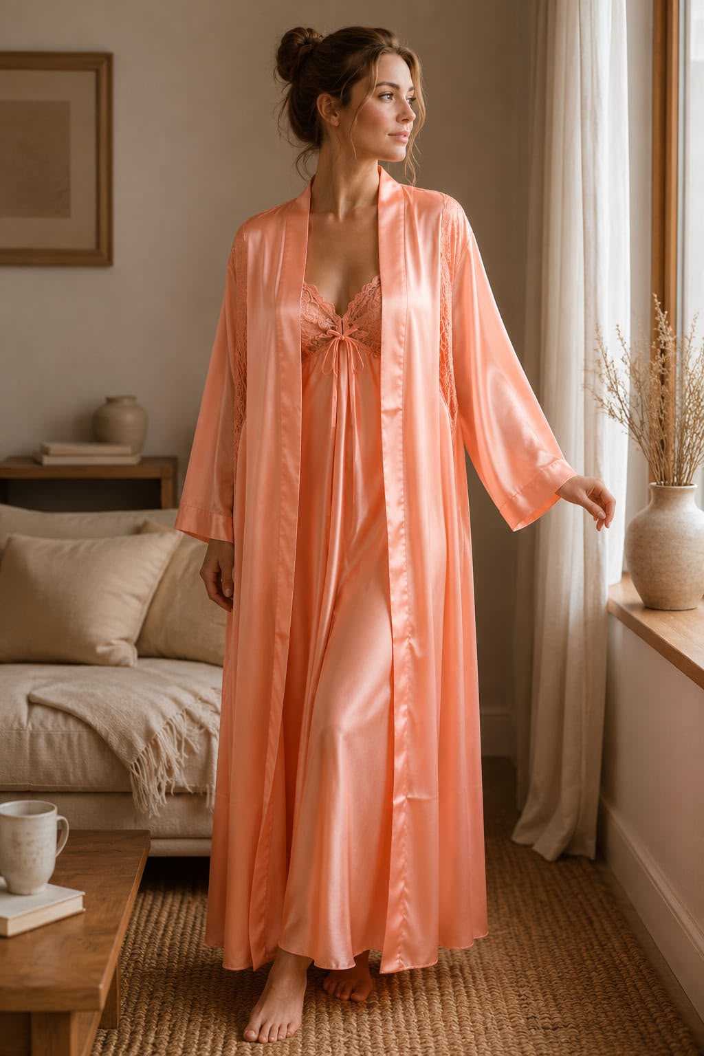 Peach Satin Nightgown with Long Robe