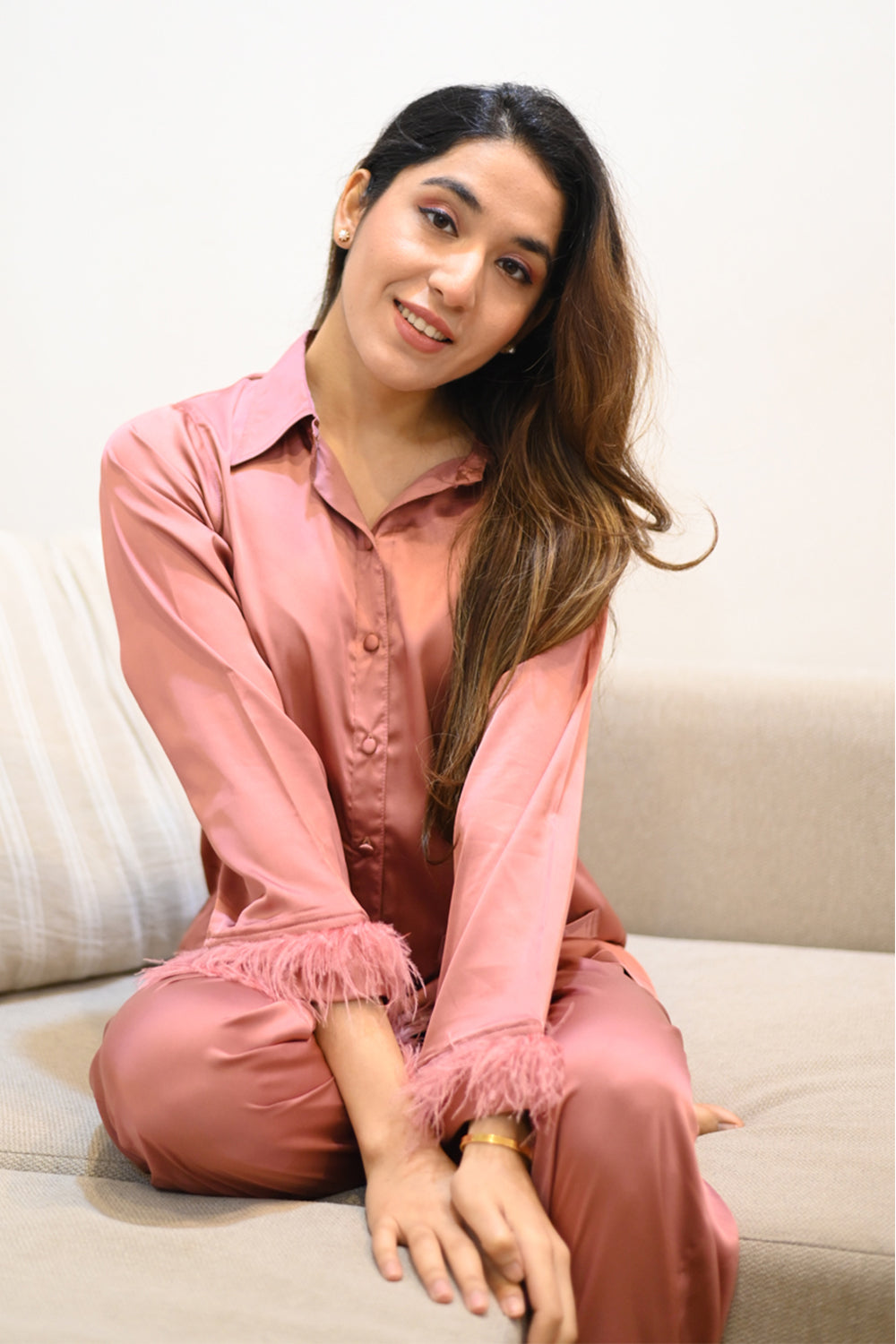 Satin Pj's in Rust with Fur detail