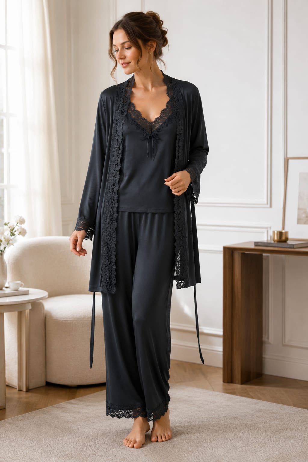 Midnight Elegance Satin 3-Piece Nightwear Set - Private Lives