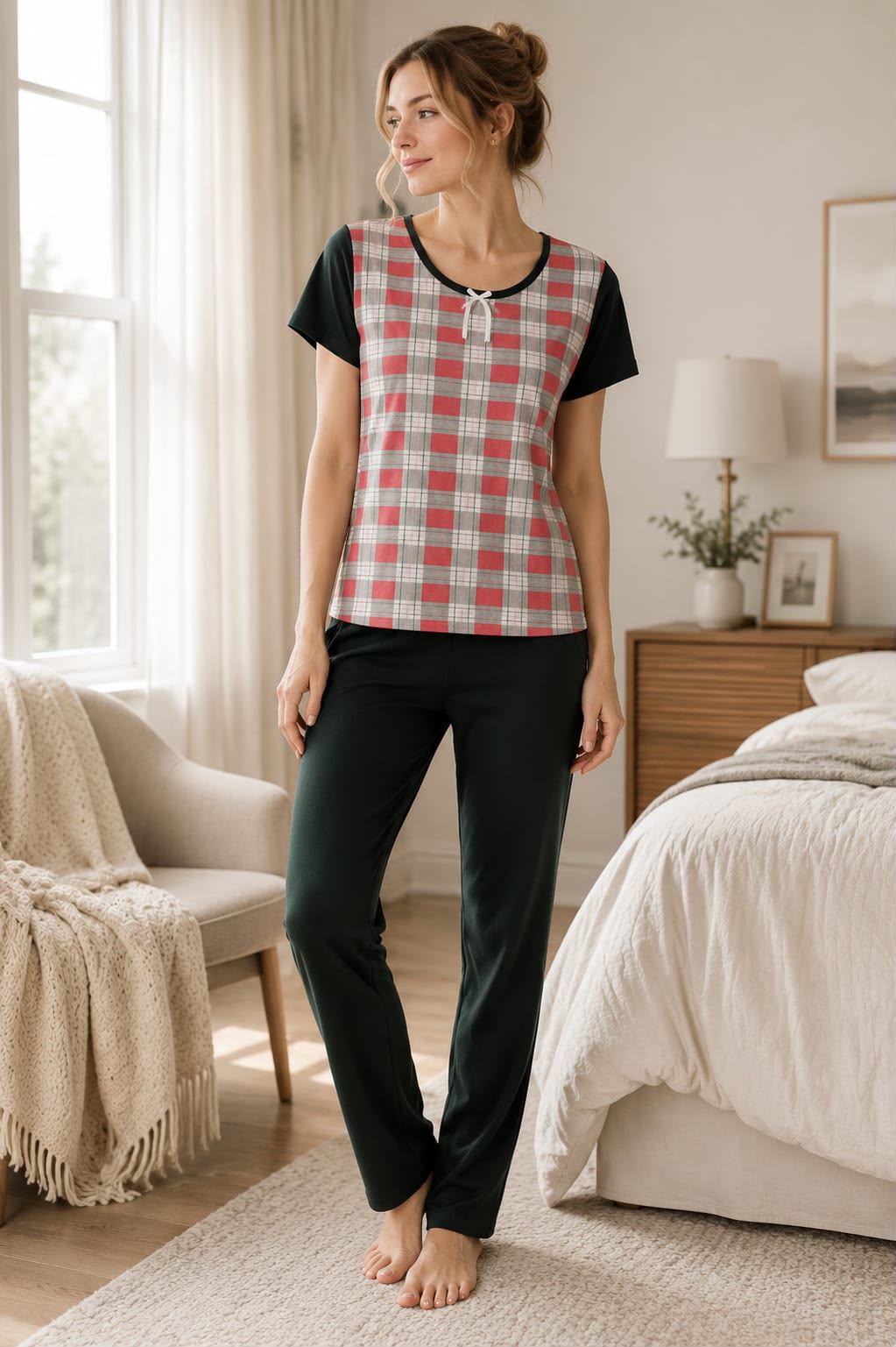 Soft Cotton Checked Top & Solid Pajama Night Suit Set