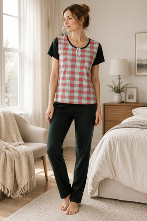 Soft Cotton Checked Top & Solid Pajama Night Suit Set - Private Lives