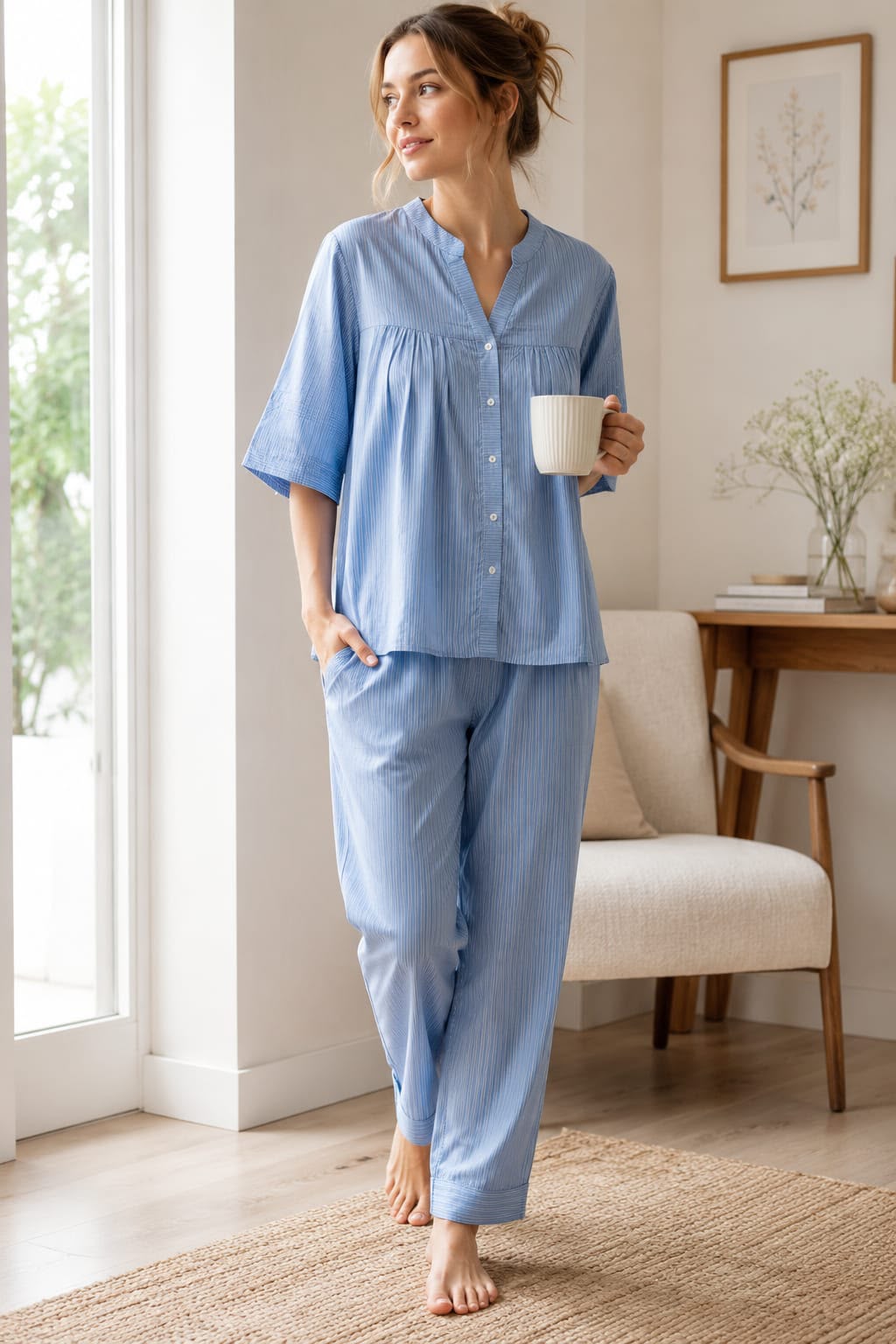 Women’s Powder Blue Striped Cotton Night Suit with Button-Down Top & Pajama