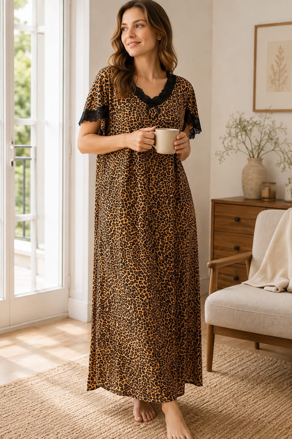 Women’s Leopard Print Maxi Nightgown with Lace Trim
