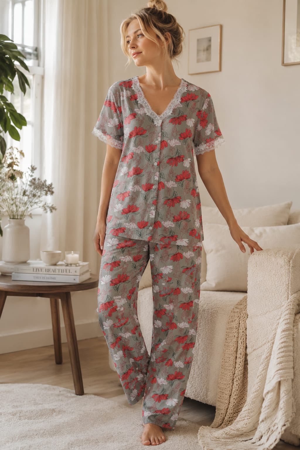 Rosy Bloom Lace Trim Cotton Pajama Set