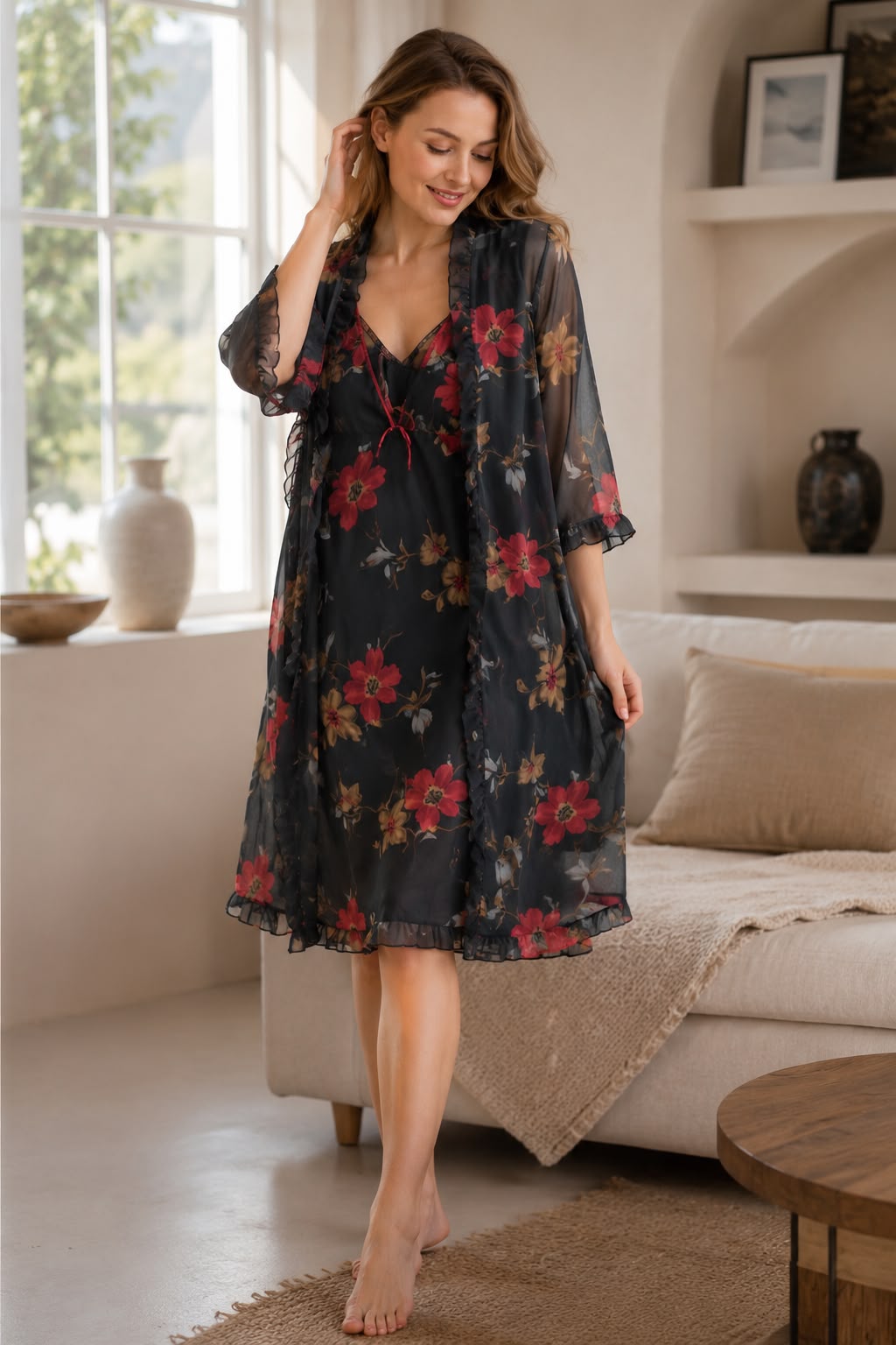 Midnight Bloom Sheer Floral Nighty & Robe Set