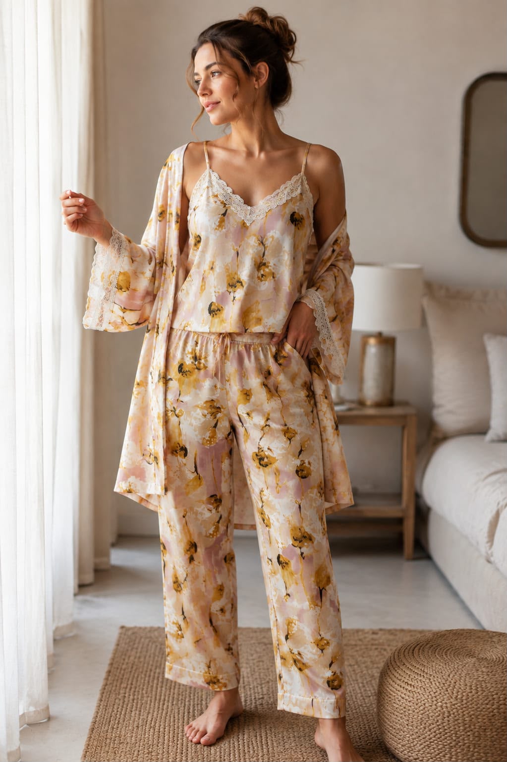 Women’s Peach Floral Satin 3-Piece Night Suit with Lace Robe