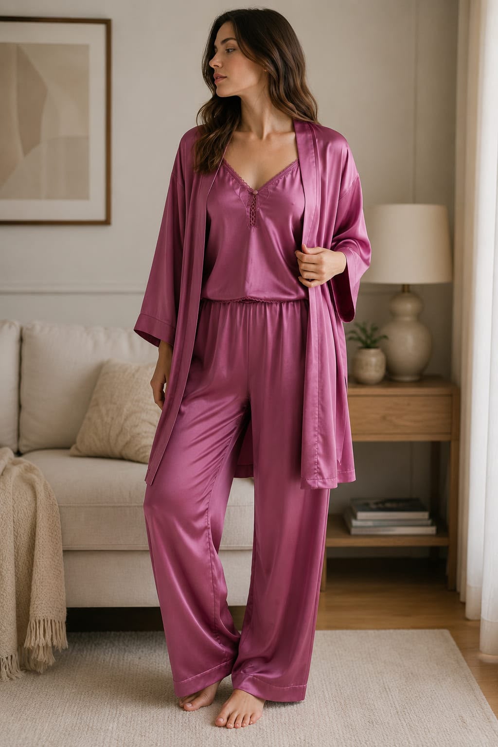 Luxe Satin 3-Piece Nightwear Lounge Set – Wine Rose - Private Lives