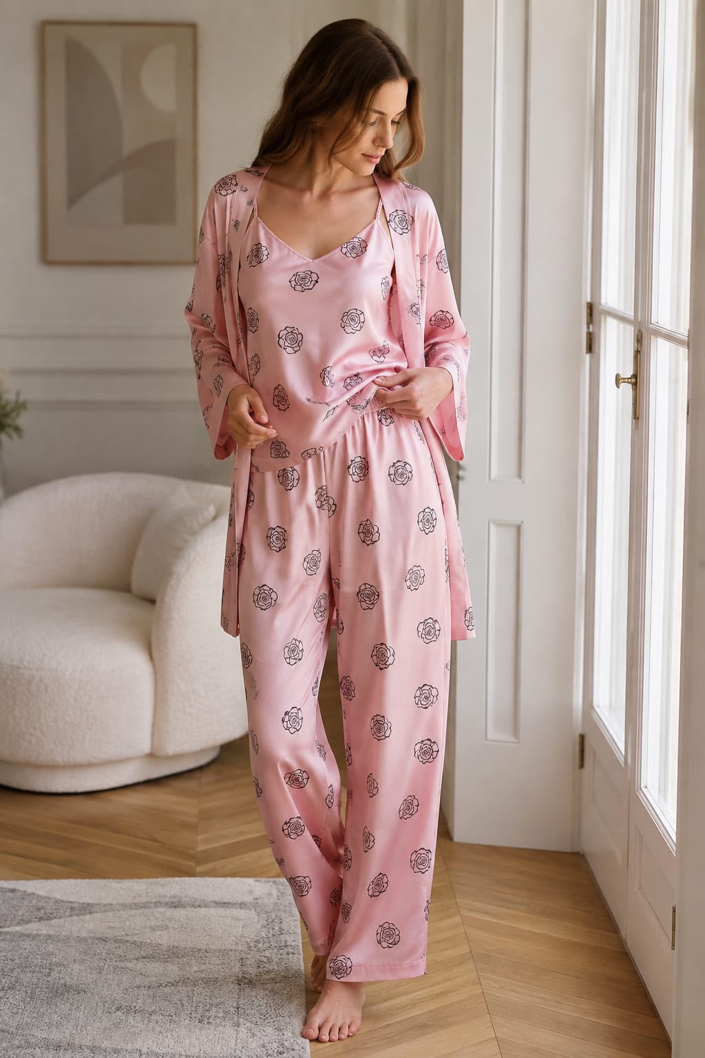 Blush Bloom Satin 3-Piece Nightwear Set – Floral Pink - Private Lives