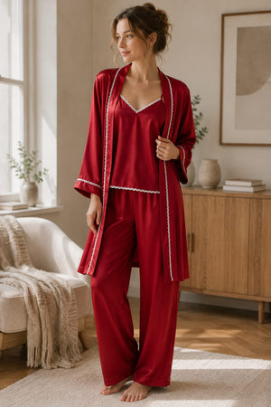 Ruby Luxe Satin 3-Piece Nightwear Set – Crimson Red - Private Lives