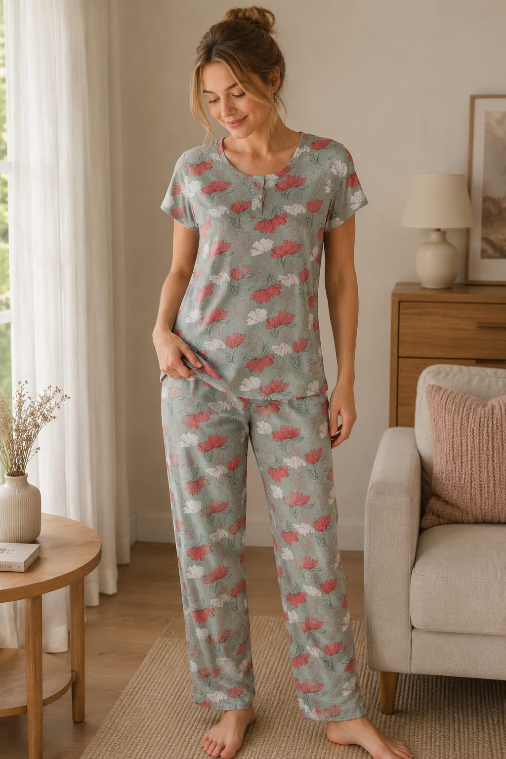 Floral Cotton Blend Top & Pajama Night Suit Set