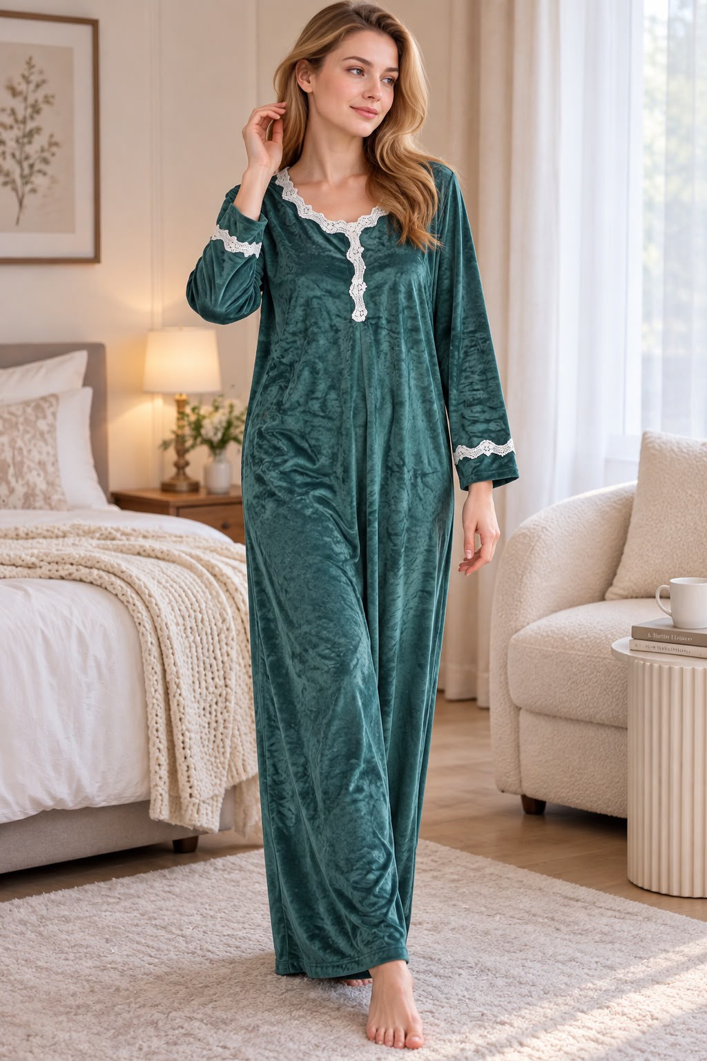 Women’s Premium Velvet Winter Nighty with Lace Detail – Full Sleeve Long Nightdress