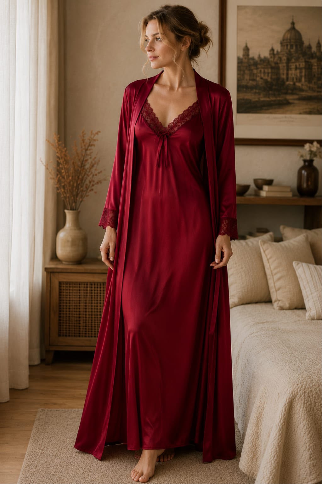 Luxury Maroon Lace Trim Nighty with Robe