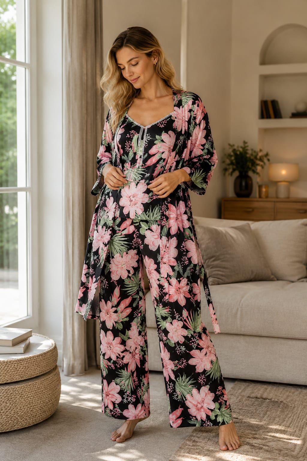 Midnight Blossom Floral Satin 3-Piece Nightwear Set - Private Lives