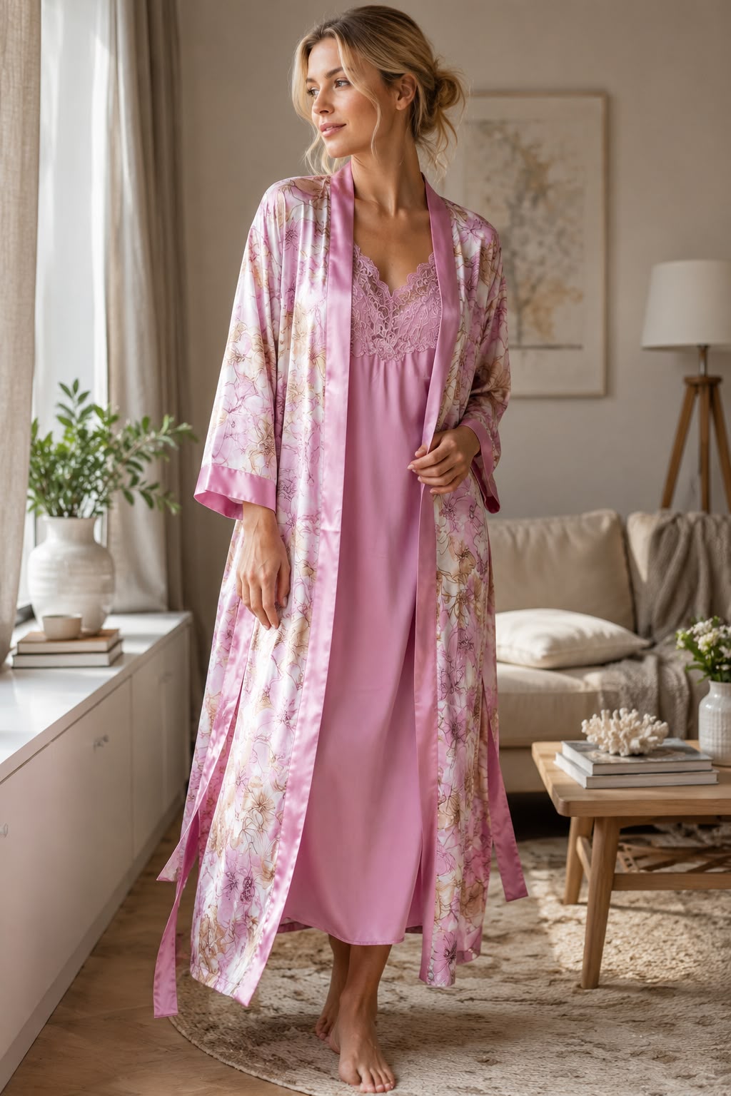 Blush Blossom Satin Nighty & Robe Set