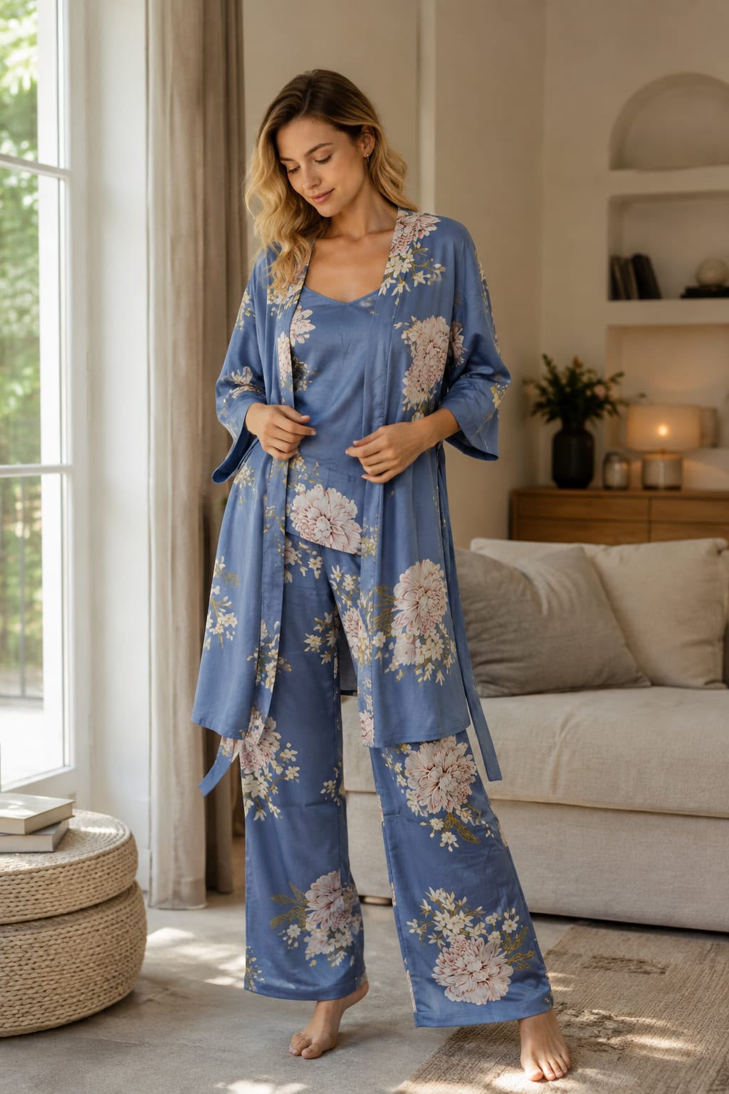 Sky Bloom Floral Satin 3-Piece Nightwear Set - Private Lives
