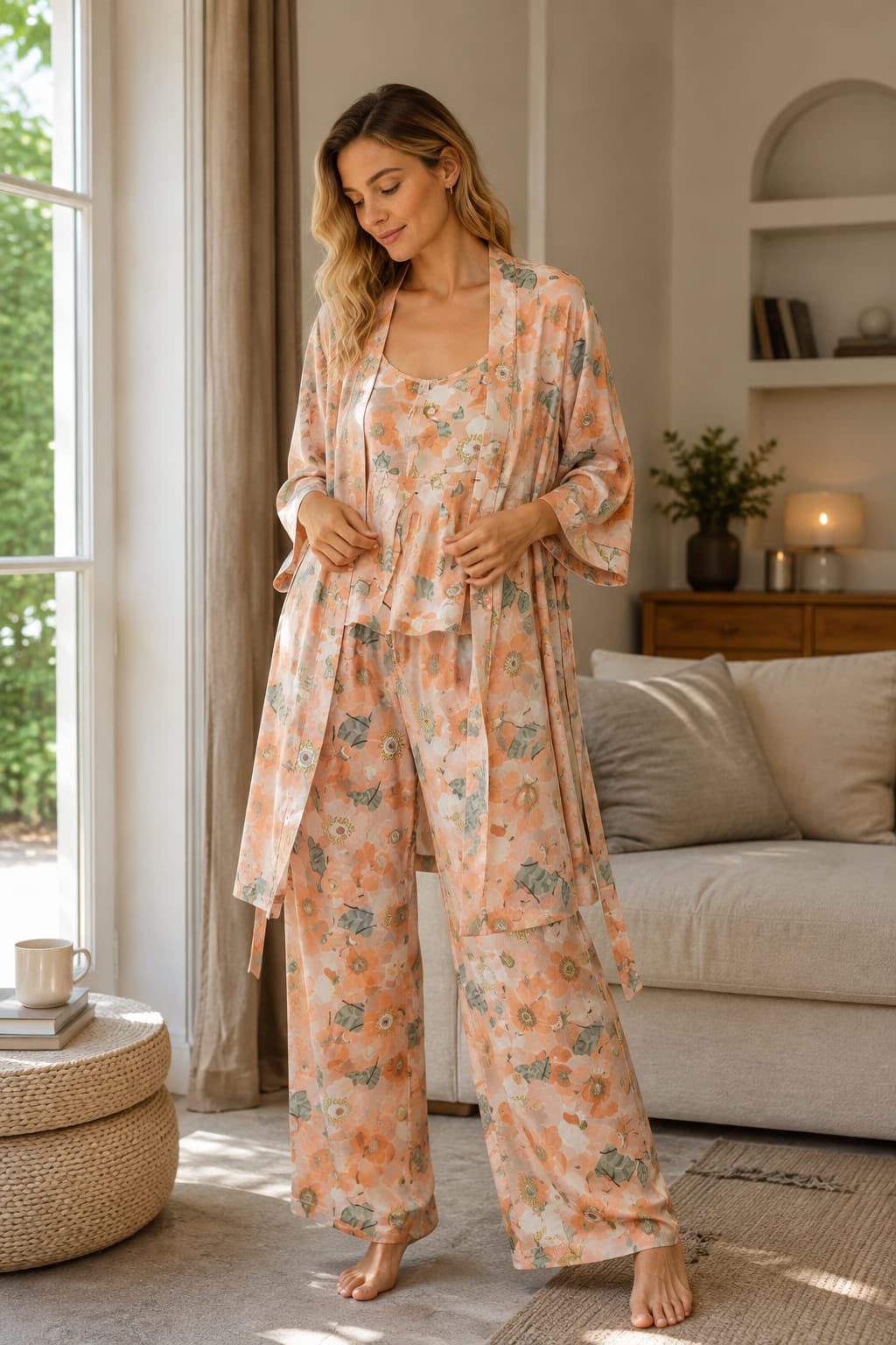 Peach Blossom Floral Satin 3-Piece Nightwear Set - Private Lives