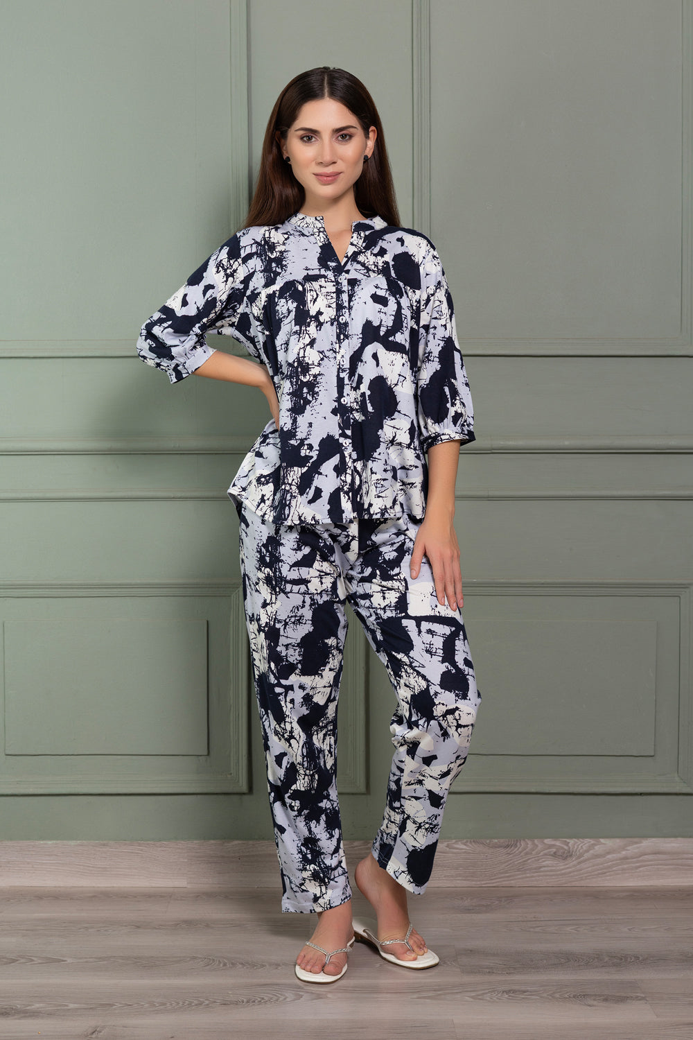Abstract print cotton Pj set with gathers