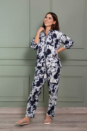 Abstract print cotton Pj set with gathers