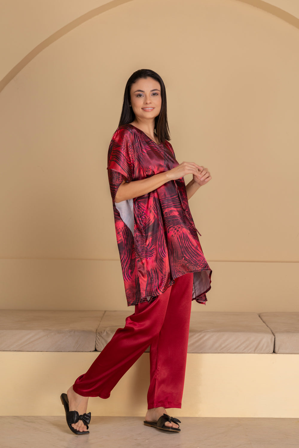 Marron Printed Satin Kaftan Set