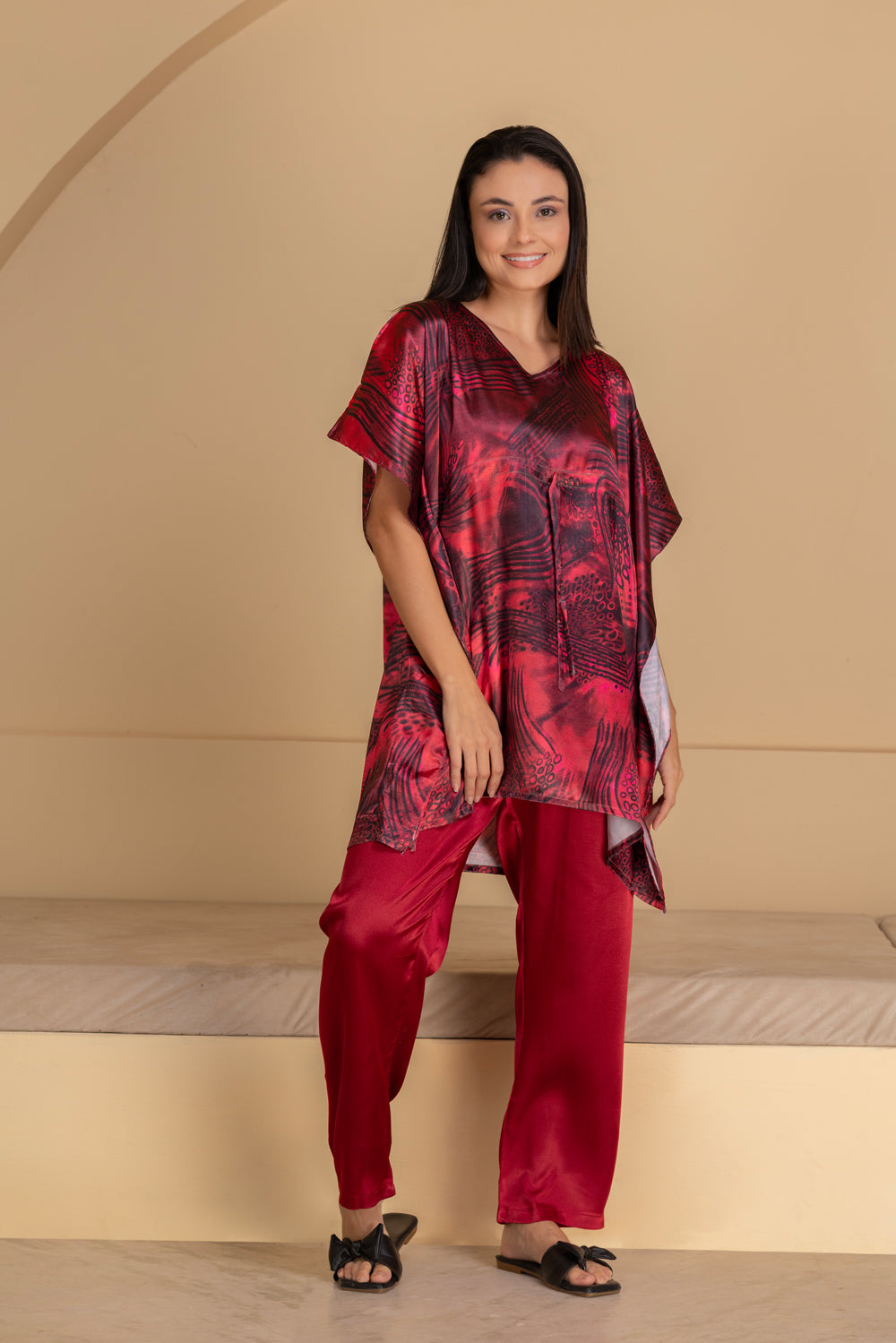 Marron Printed Satin Kaftan Set