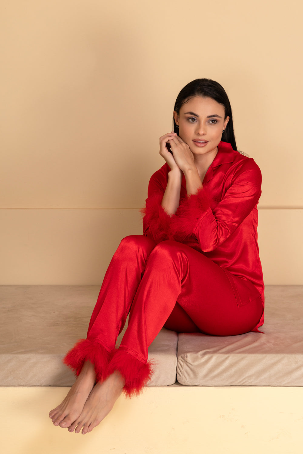 Soft Satin Pj Set with Fur detail
