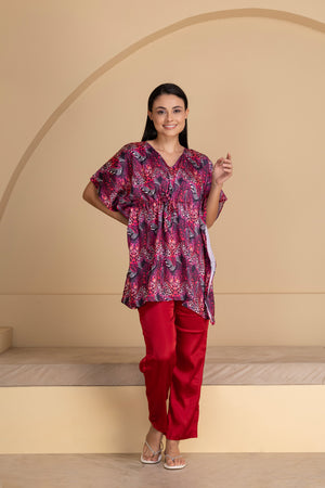 Abstract Printed Satin Kaftan Set
