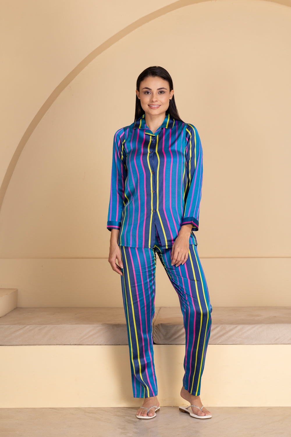 Blue Stripe Satin Collar Pajama Set
