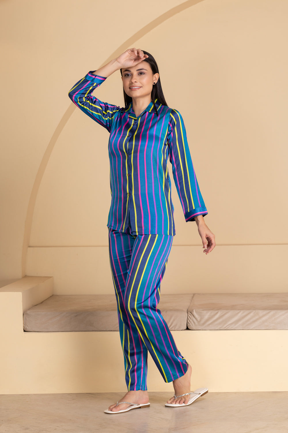Blue Stripe Satin Collar Pajama Set
