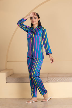 Blue Stripe Satin Collar Pajama Set