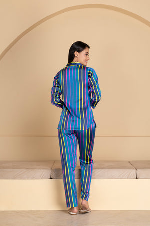 Blue Stripe Satin Collar Pajama Set