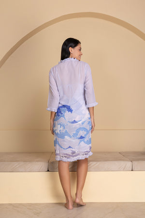 Border Blue Printed Chiffon Nightgown Set