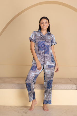 Satin Blue Printed Collar Night Suit