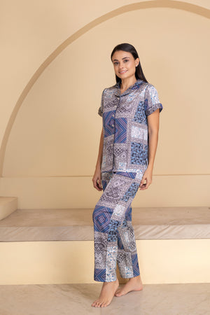 Satin Blue Printed Collar Night Suit