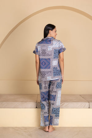 Satin Blue Printed Collar Night Suit