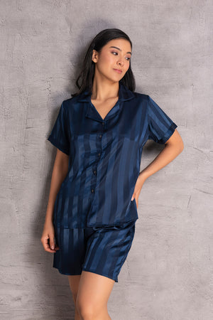 Stripe satin Classic collar shorts set