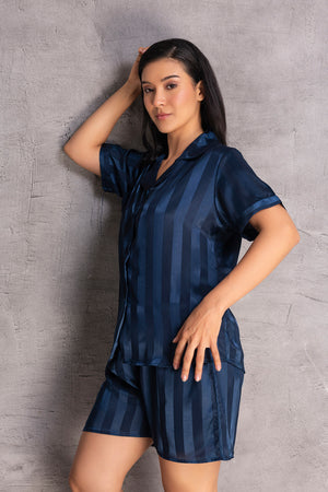 Stripe satin Classic collar shorts set