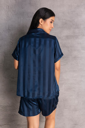 Stripe satin Classic collar shorts set