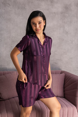 Stripe satin shorts set