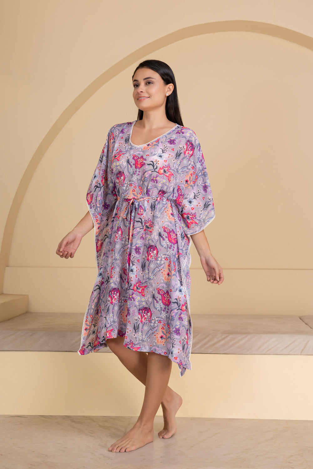 Lavender Floral Printed Chiffon Kaftan