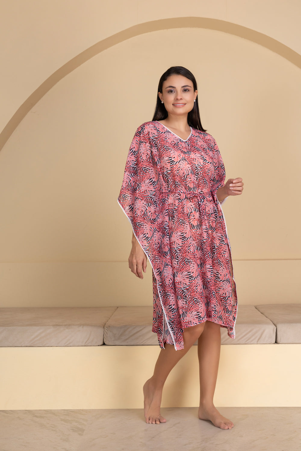 Pink Floral Printed Chiffon Kaftan