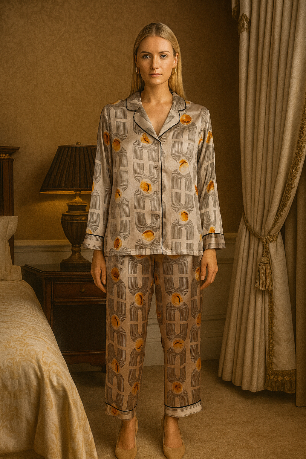 Beige Printed  Night suit