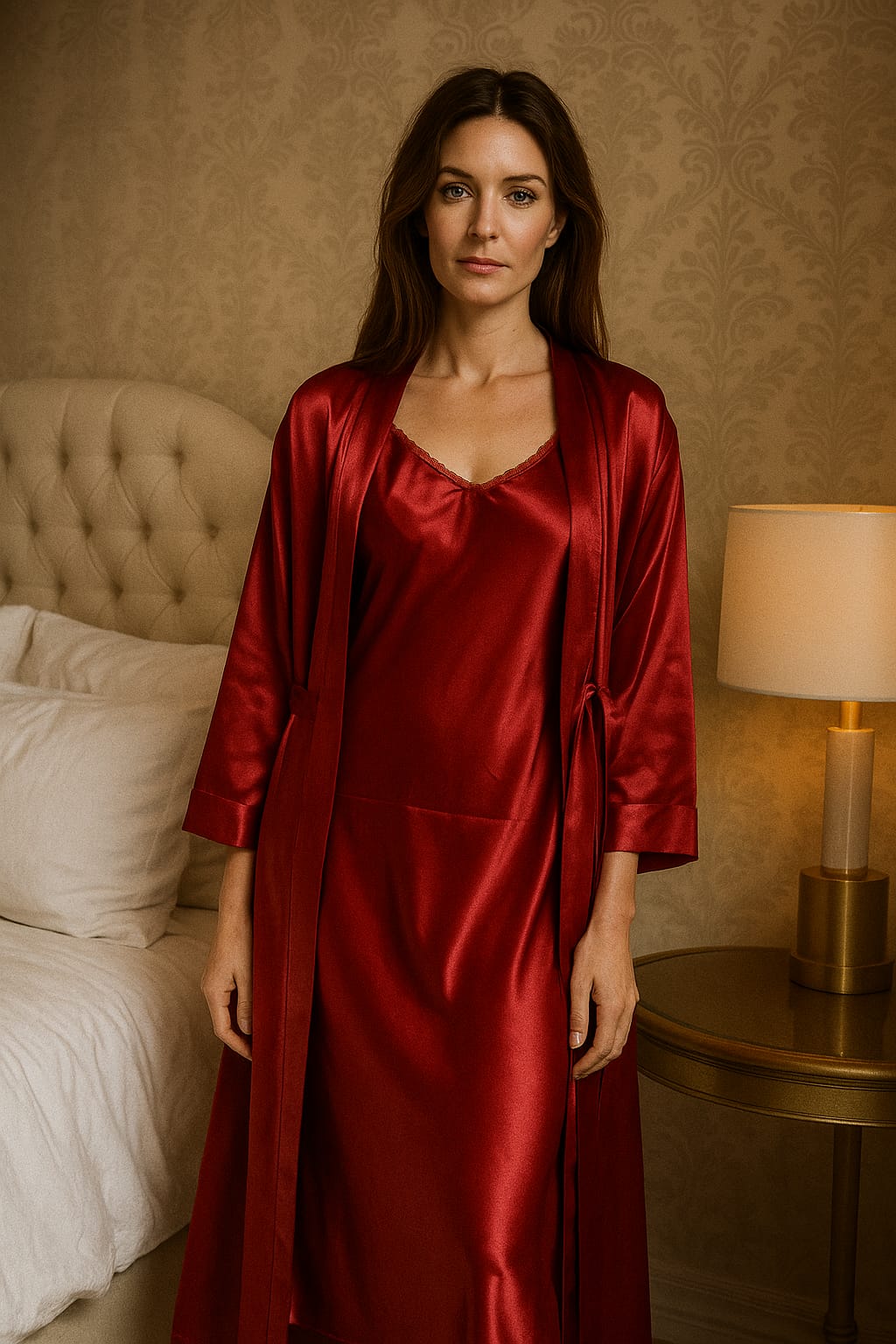 Maroon Satin Long Nightgown Set