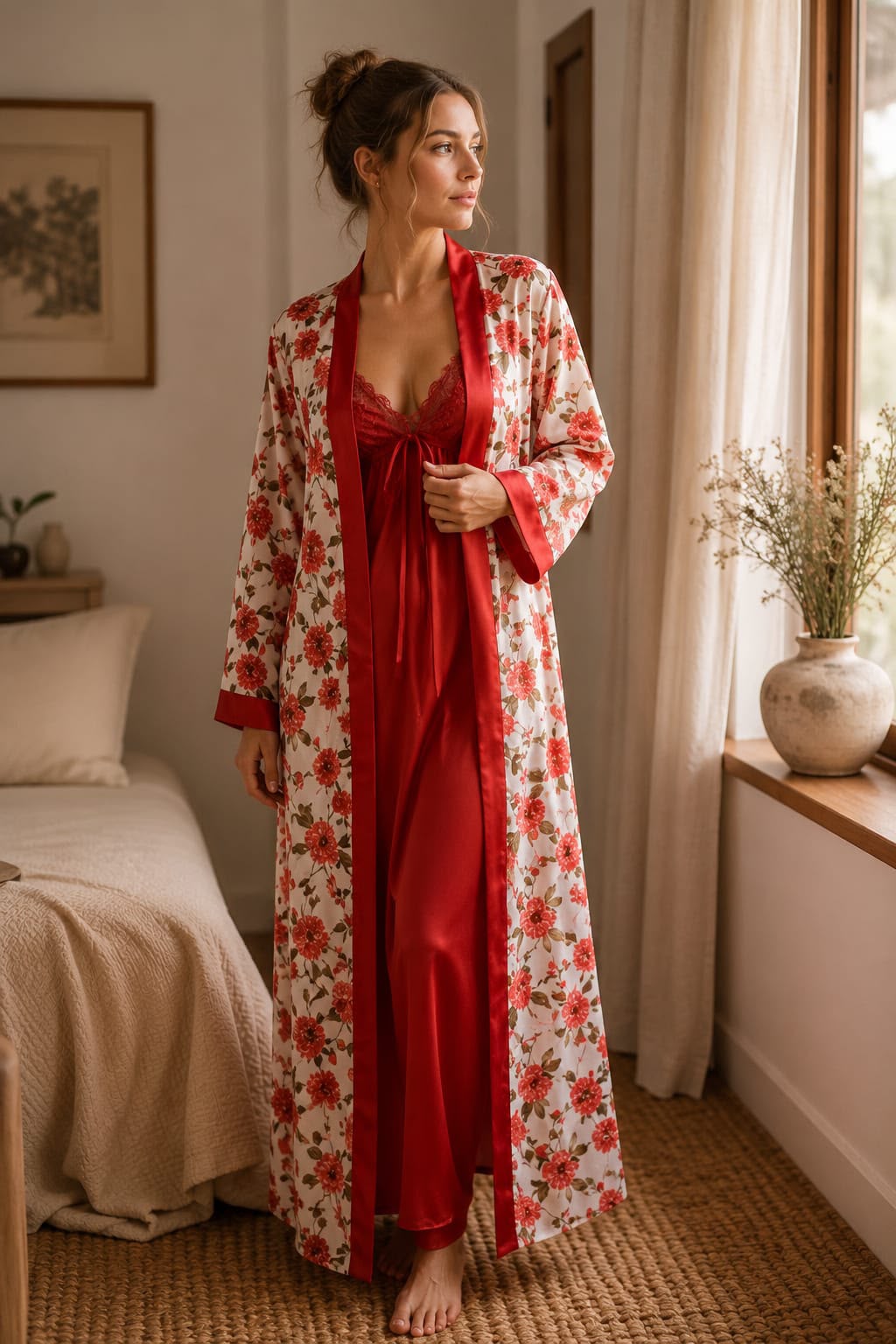 Floral Satin Nightgown with Printed Long Robe
